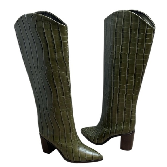 Schutz NWT Maryanna Olive Green Croc-Embossed Knee-High Boots - Picture 2 of 12